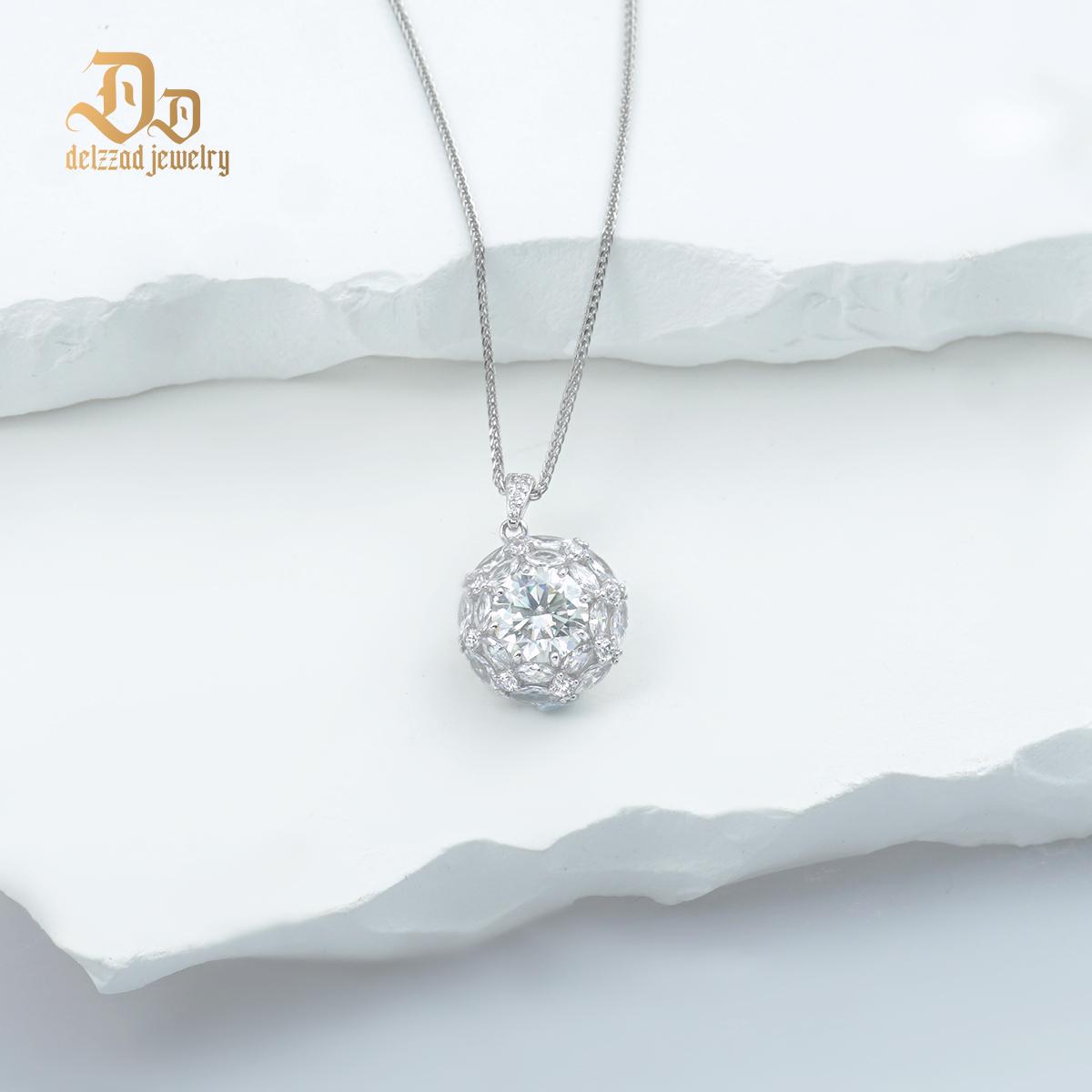 Delzzad S925 Round Synthetic Moissanite Bling Clustered Halo Pendant Necklace