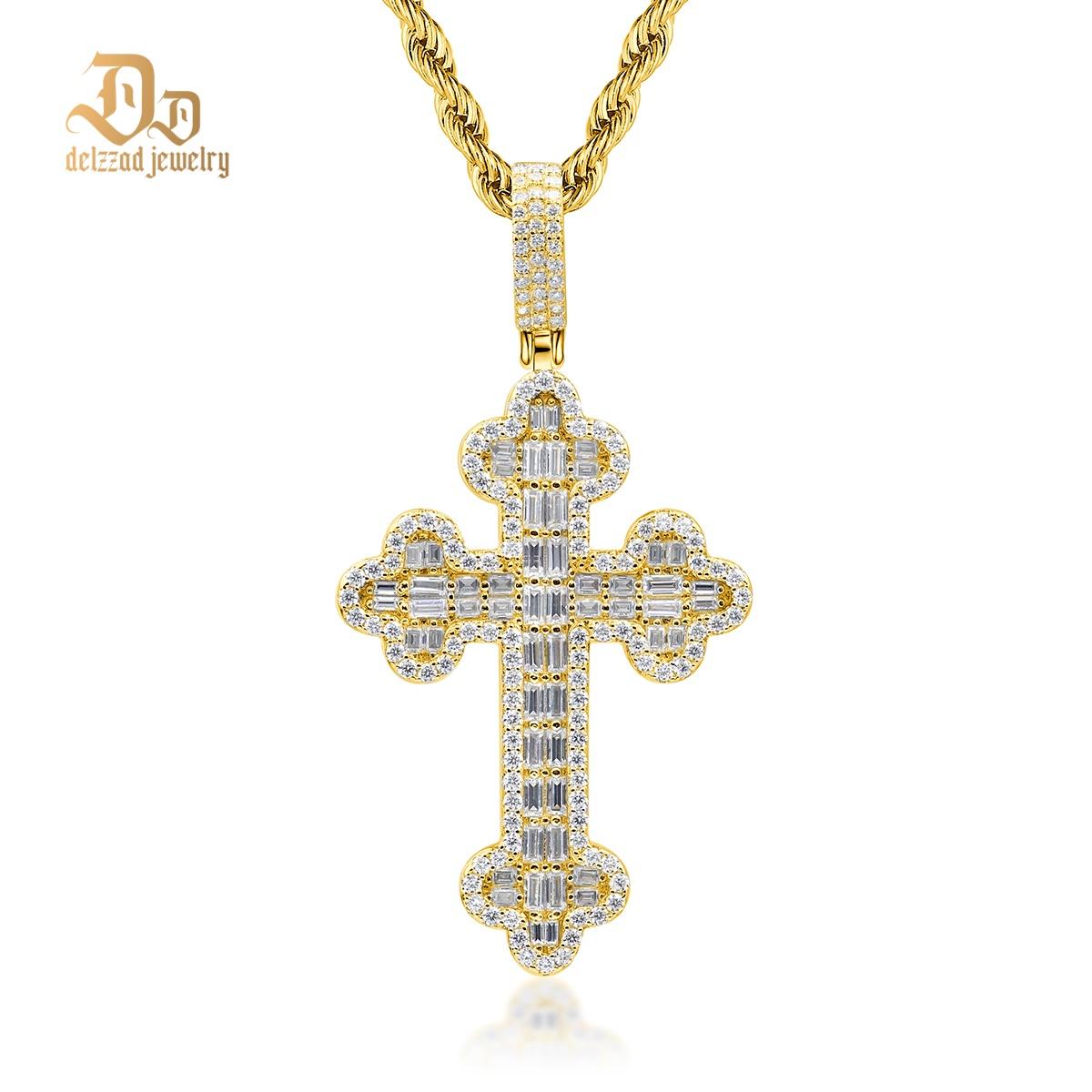 Delzzad S925 VVS Synthetic Moissanite Exquisite Hip Hop Punk Bling Cross Pendant Necklace Valentine's Day Anniversary Gift