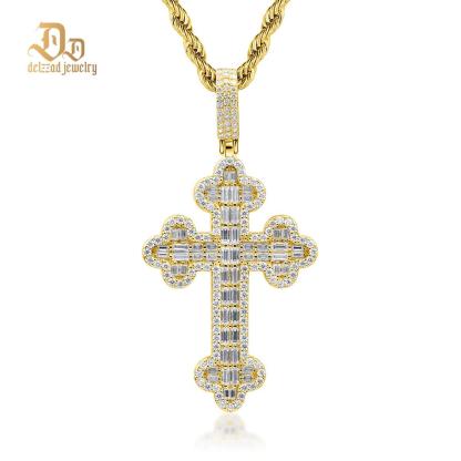 Delzzad S925 VVS Synthetic Moissanite Exquisite Hip Hop Punk Bling Cross Pendant Necklace Valentine's Day Anniversary Gift