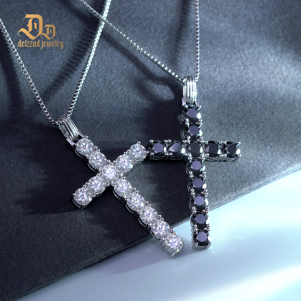 Delzzad s925 6ct Black White Synthetic Moissanite Cross Necklace St Valentine's Day Gifts for Men Women