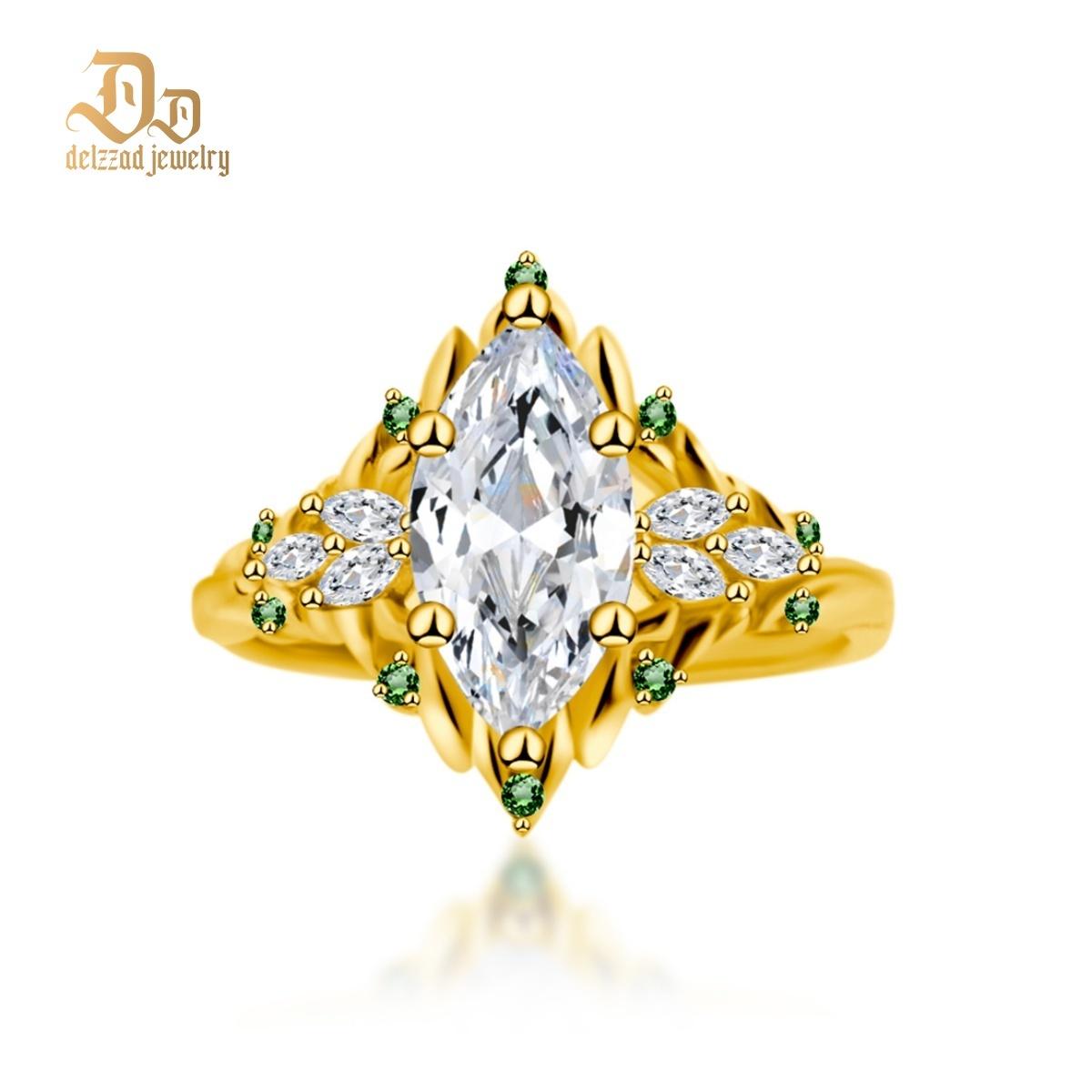 Delzzad 2.2ct Vintage Marquise Cut Leaf Cluster Engagement Ring Band VVS Synthetic Moissanite Ring Jewelry S925 Dainty Ring Band Flower Wedding Ring Perfect Birthday Engagement Wedding Anniversary Christmas Gift