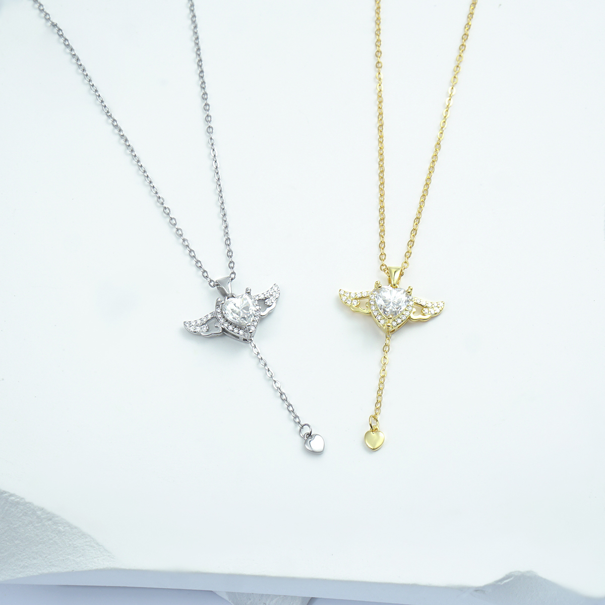 S925 HEART SYNTHETIC MOISSANITE ANGEL WING PENDANT NECKLACE