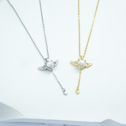 S925 HEART SYNTHETIC MOISSANITE ANGEL WING PENDANT NECKLACE