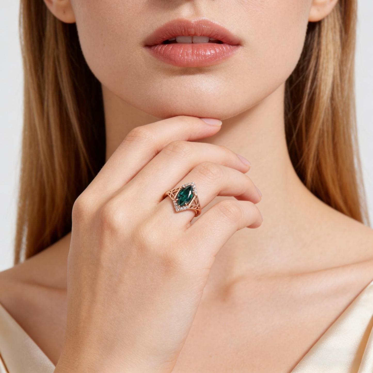 Delzzad 2ct Sparkle Halo Ring Marquise Cut Engagement Ring Synthetic Moissanite Ring Jewelry S925 Green Bliss Ring Perfect Birthday Engagement Wedding Anniversary Christmas Gift
