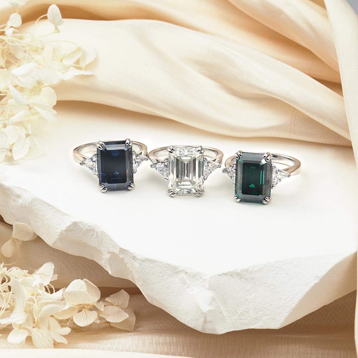 Delzzad 10ct Octagon Synthetic Moissanite Three Stones Ring In 925 Sterling Silver