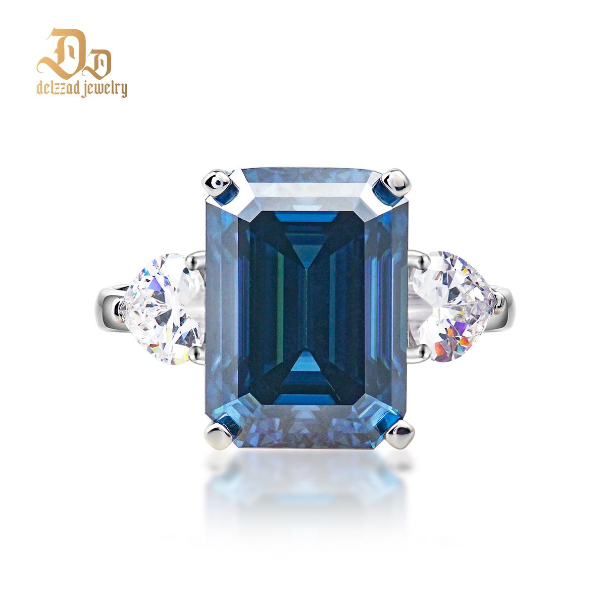 Delzzad 10ct Octagon Synthetic Moissanite Three Stones Ring In 925 Sterling Silver