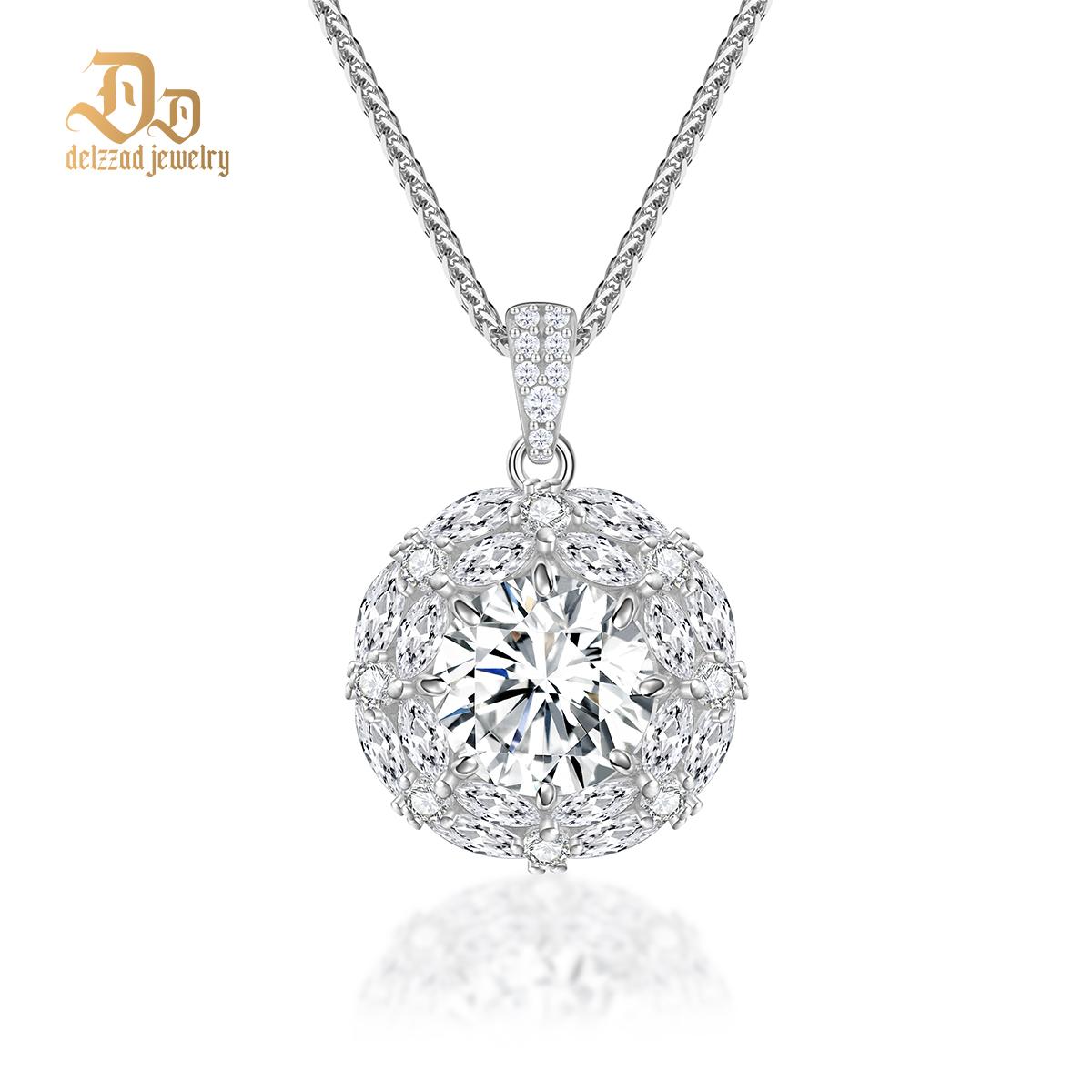 Delzzad S925 Round Synthetic Moissanite Bling Clustered Halo Pendant Necklace