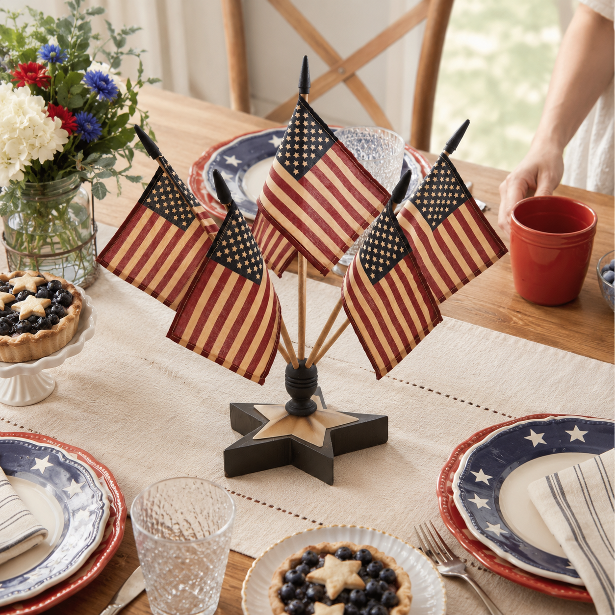 Vintage Americana Tabletop Flag Set With Star Holder