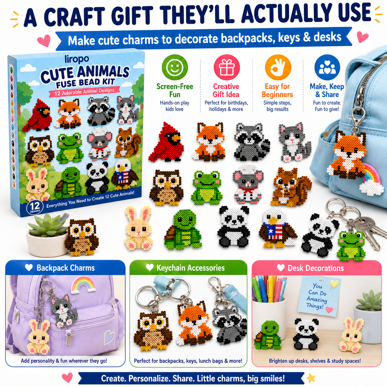 Cute Animals Fuse Bead Kit 🐾 12 Animal Pattern DIY Craft Toy