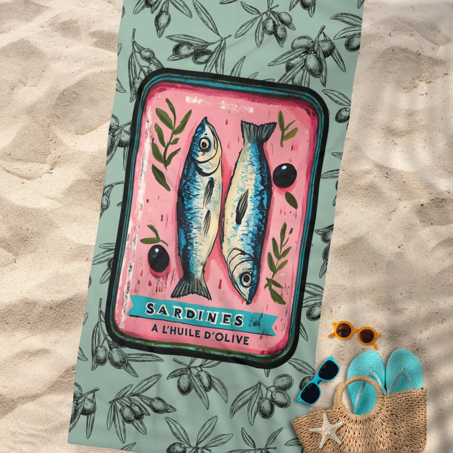 Sardines and Olives Beach Towel