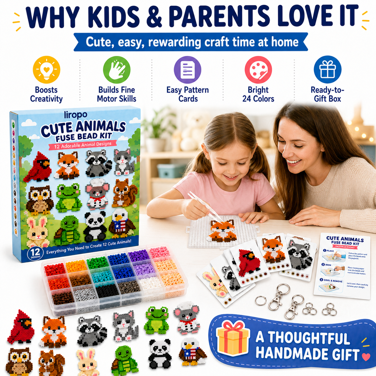 Cute Animals Fuse Bead Kit 🐾 12 Animal Pattern DIY Craft Toy