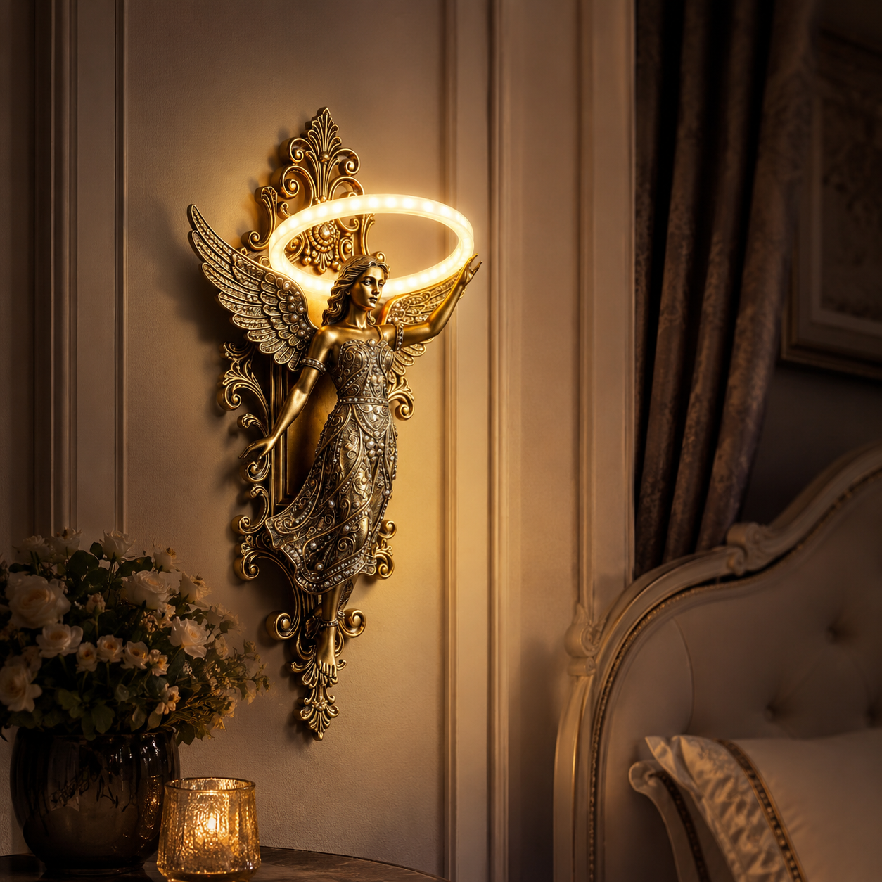 🪽 Guardian Angel Halo Wall Light – Sacred Blessing Home Decor ✨