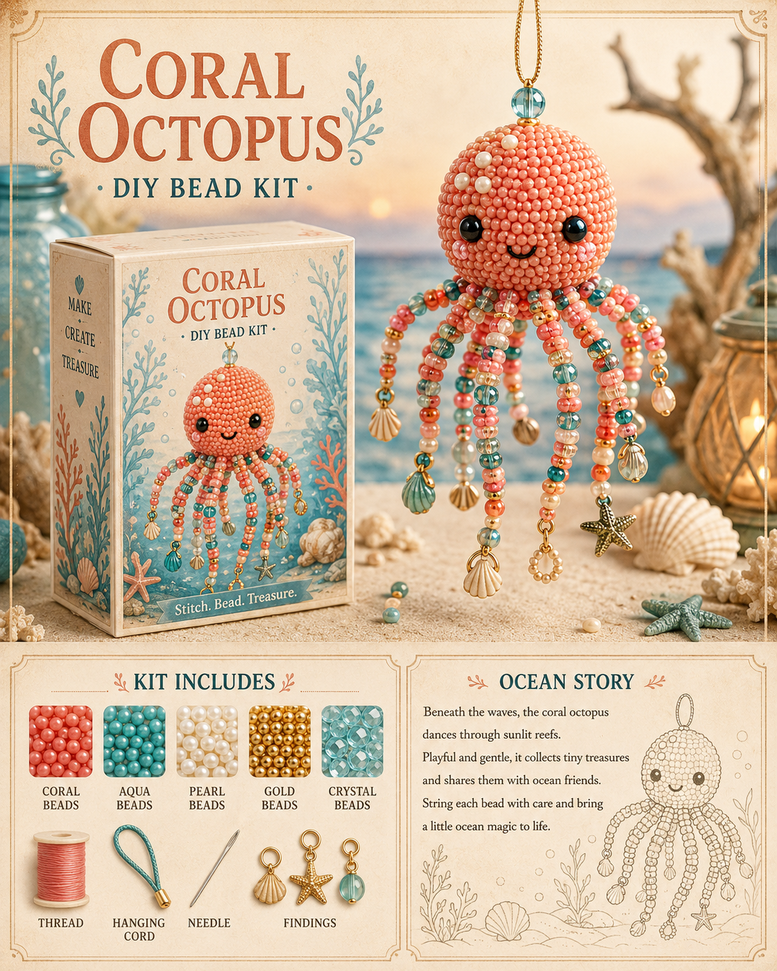 Coral Octopus DIY bead kit with beaded bag charm and craft box