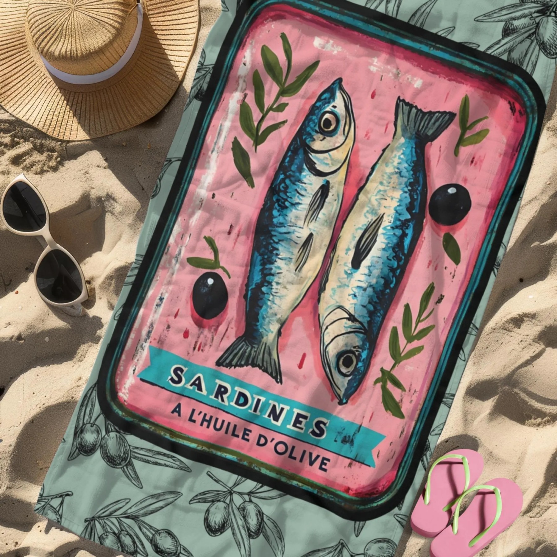 Sardines and Olives Beach Towel