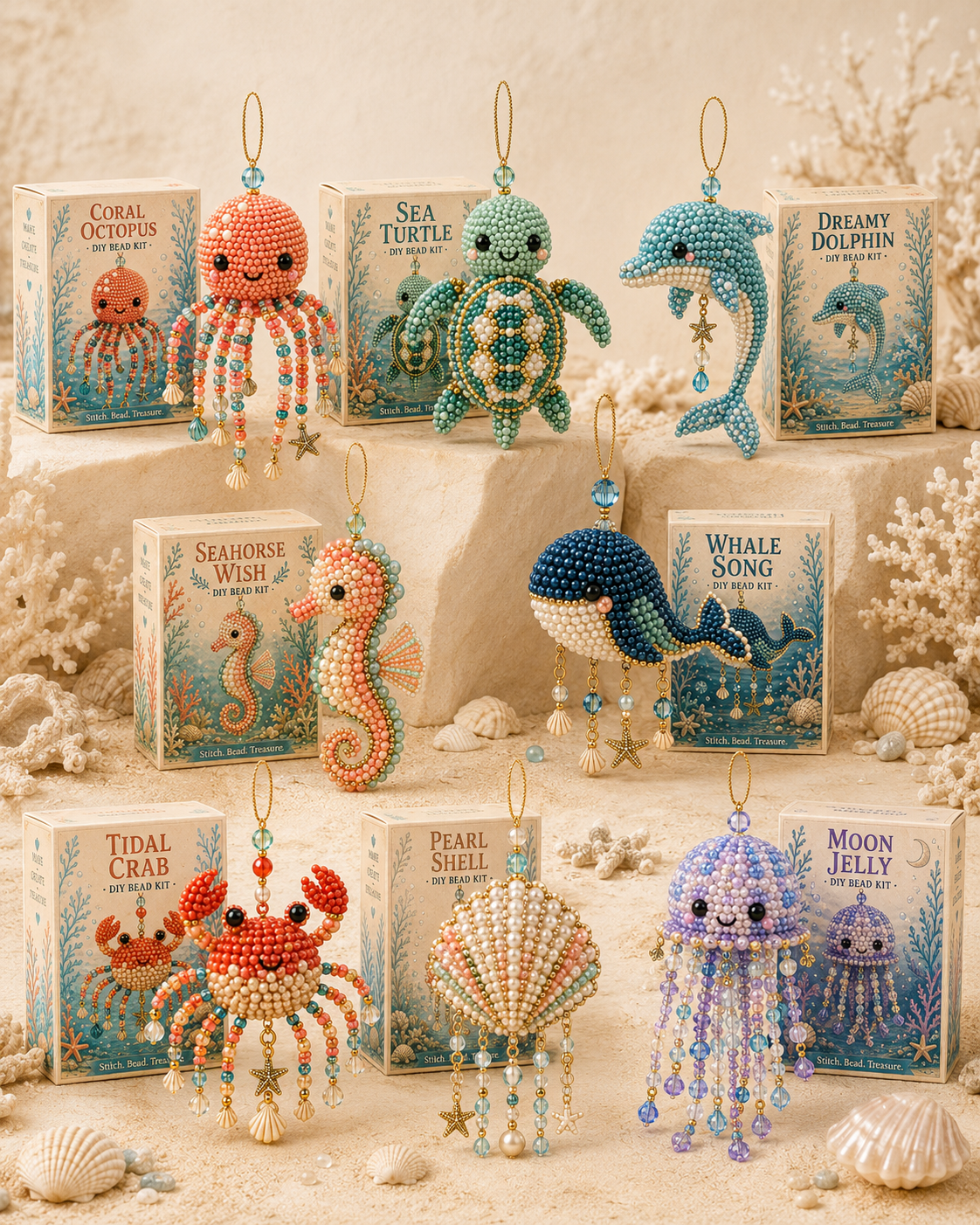 Ocean Friends DIY bead kit with cute beaded ocean animal charms