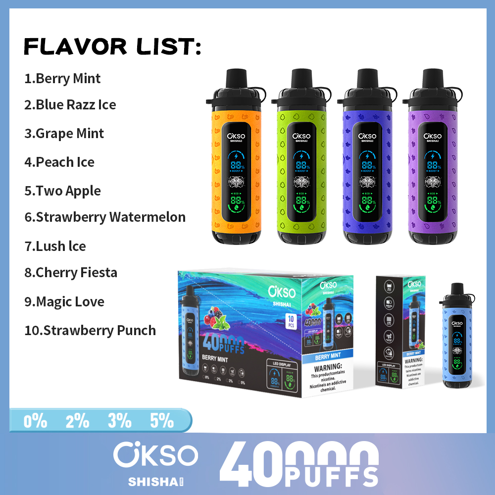 OKso Shisha Max 40k Disposable Vape 40000 Puffs Rechargeable Mesh Coil 0-5% Nicotine 6