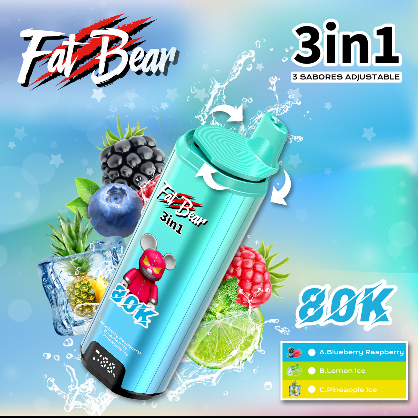  Fat Bear Triple 3 in 1 Blueberry Raspberry+ Lemon lce +Pineapple
lce flavors
