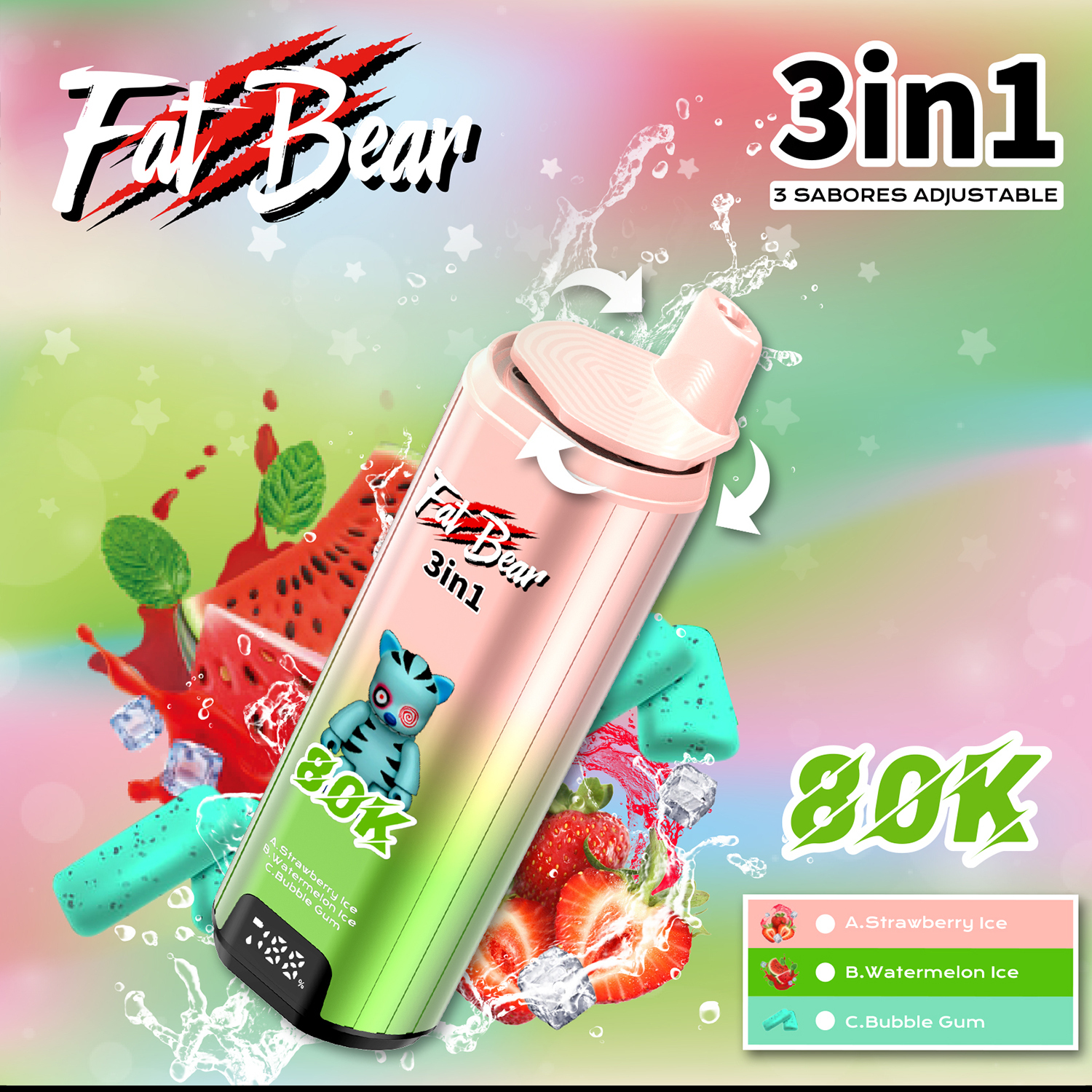Fat Bear Triple 3 in 1 Strawberry lce + Watermelon lce + BubbleGum flavors