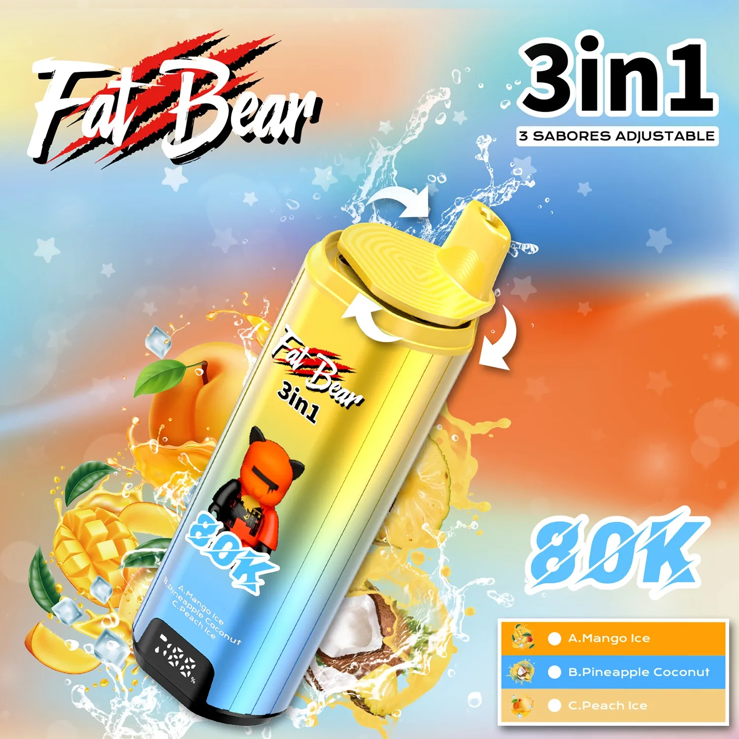  Fat Bear Triple 3 in 1 Mango lce + Pineapple Coconut +Peach lce flavors