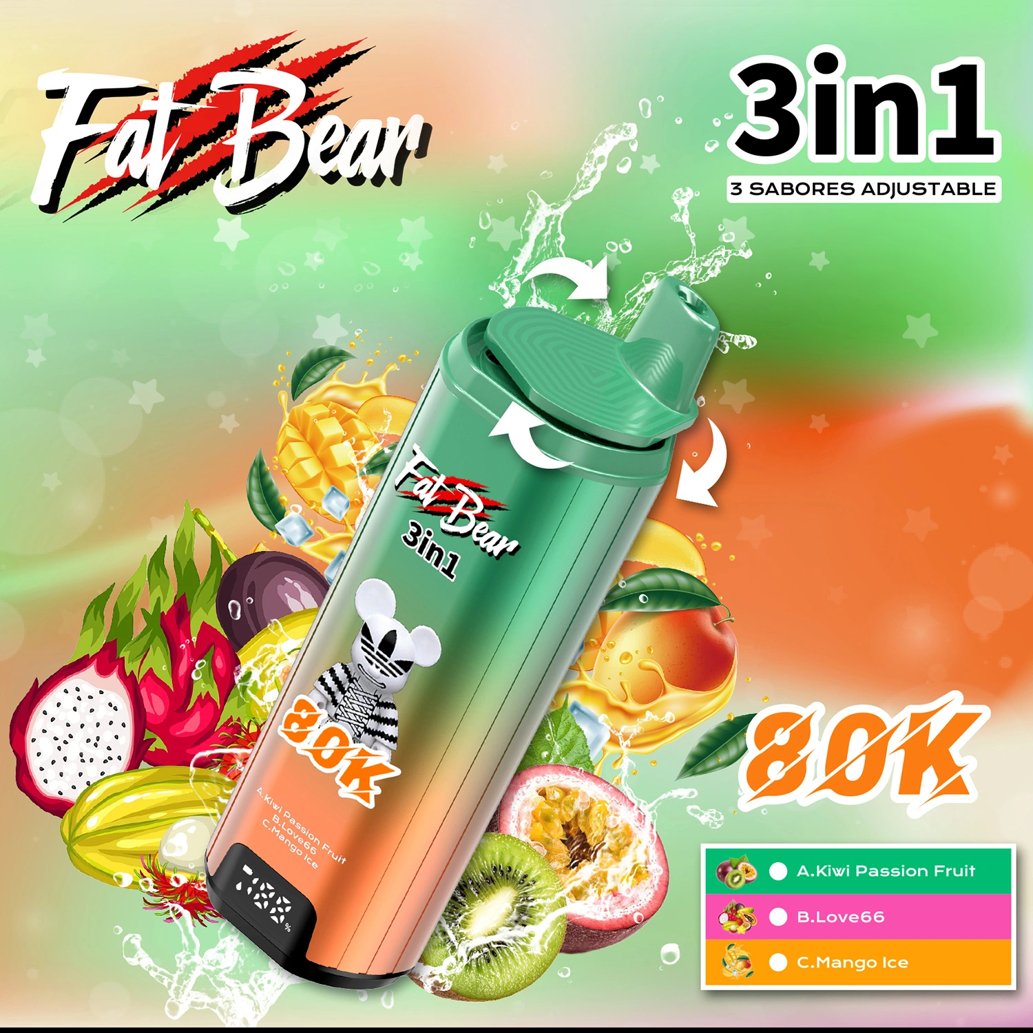  Fat Bear Triple 3 in 1 Kiwi Passionfruit + Love 66 + Mangolce flavors