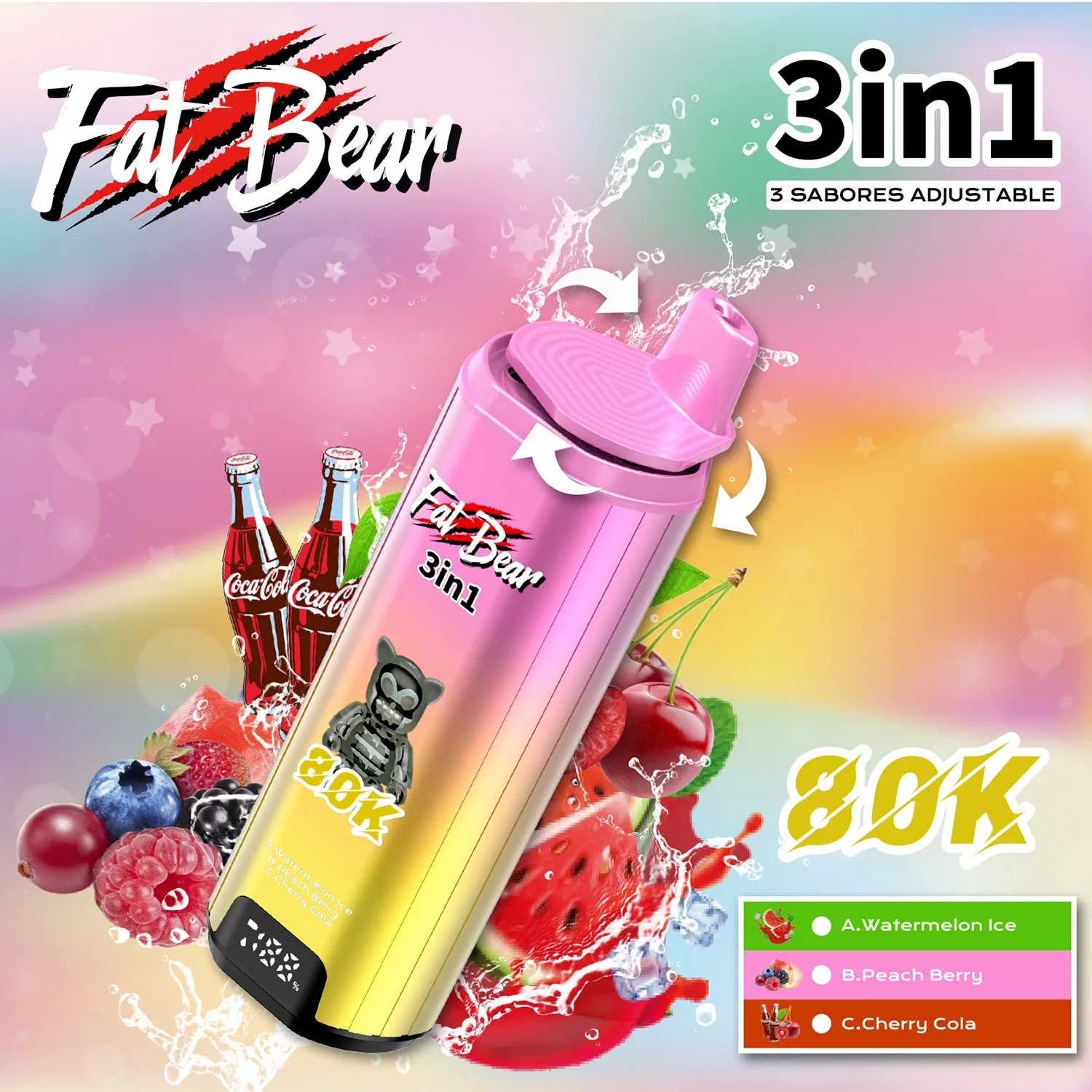  Fat Bear Triple 3 in 1 Watermelon lce + Peach Berry +Cherry Cola flavors