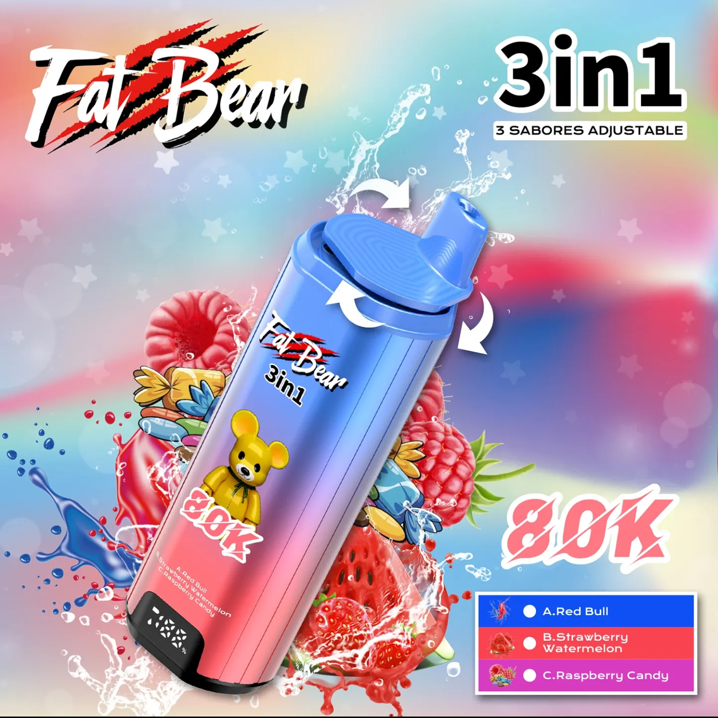  Fat Bear Triple 3 in 1 Red Bull Energy+ StrawberryWatermelon +Raspberry Candy flavors