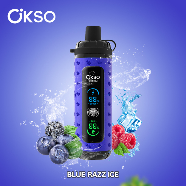 OKso Shisha Max 40k Disposable Vape 40000 Puffs Blue Razz lce.2% Nicotine