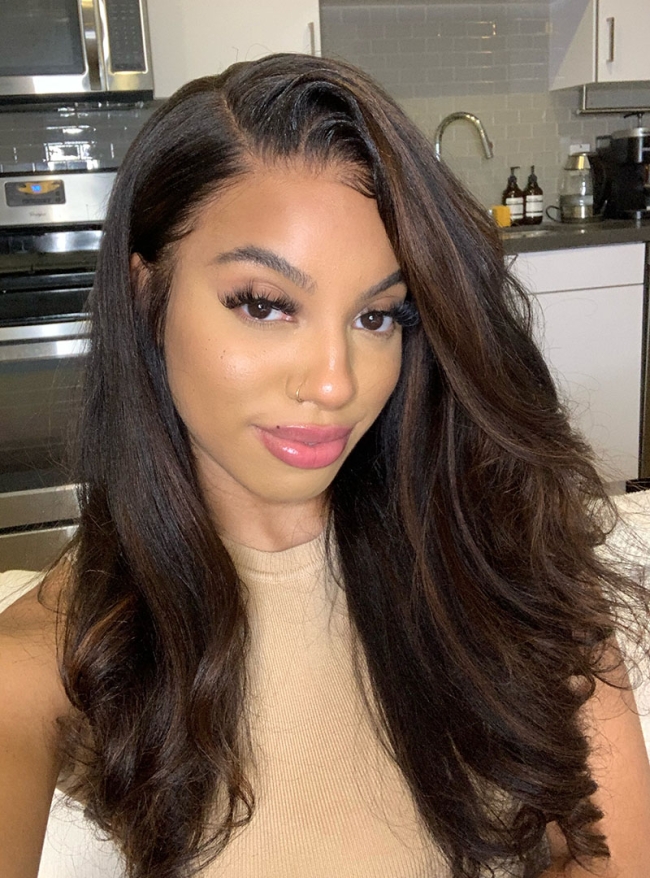 Brown Highlights Yaki Texture Wavy Lace Front Wig