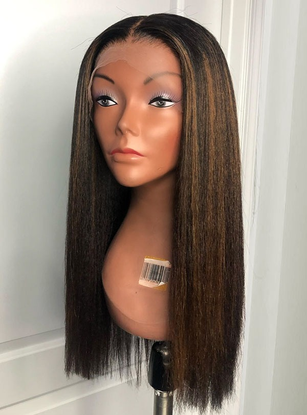 Kinky Straight Brown Highlights Lace Front Wigs
