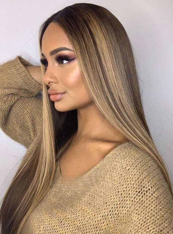 Straight Brown Hair with Blonde Highlights Lace Front Wigs