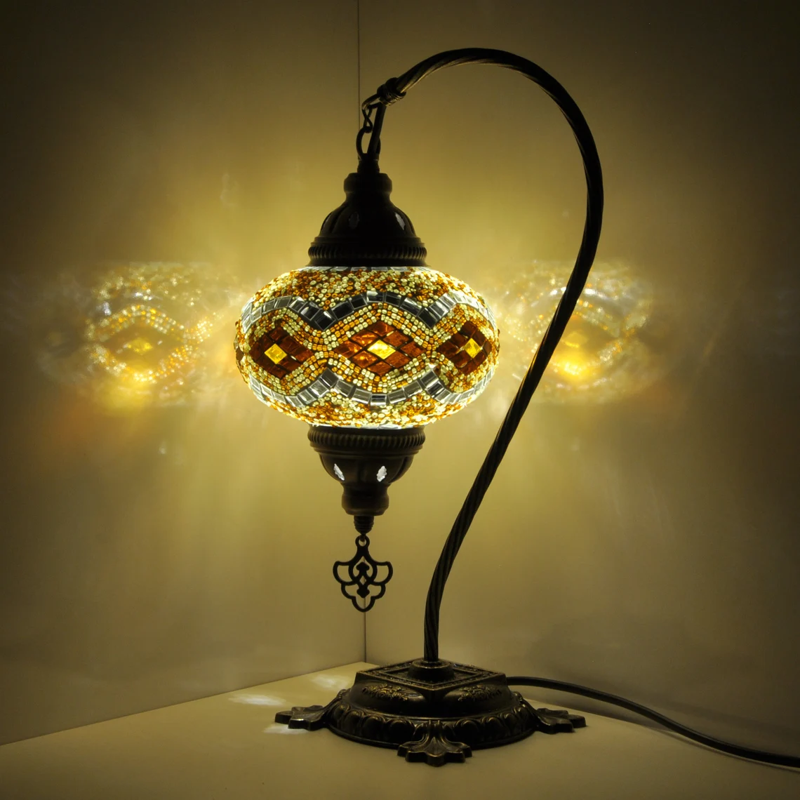 10 Variation - Turkish Lamp Mosaic Table Lamp | Turkish Moroccan Lamp | Handmade Swan Neck Night Lamp | Mosaic Glass Bedside Lamp & Led Bulb