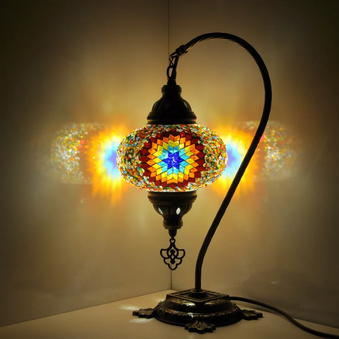 10 Variation - Turkish Lamp Mosaic Table Lamp | Turkish Moroccan Lamp | Handmade Swan Neck Night Lamp | Mosaic Glass Bedside Lamp & Led Bulb