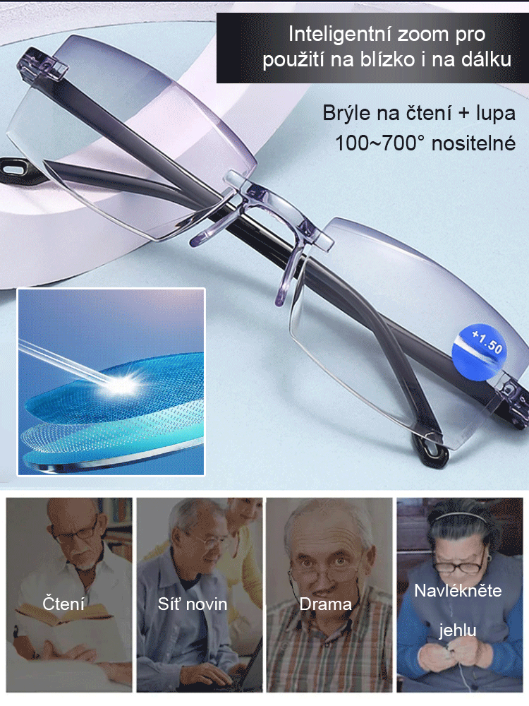 Krátkozrakost + Dalekozrakost + brýle na čtení + sluneční brýle