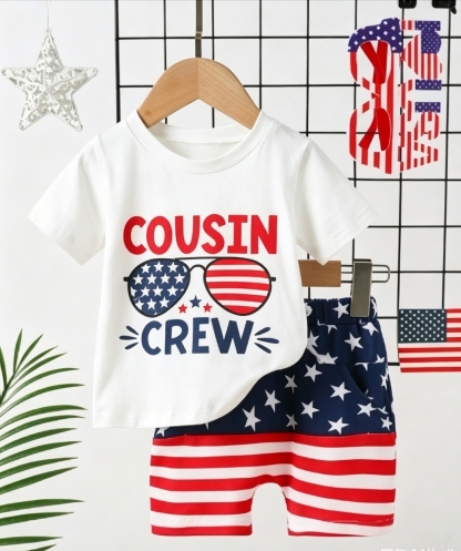 2pcs Baby Boys 4th of July Short Sleeve Tee & Stretch Sports Pants