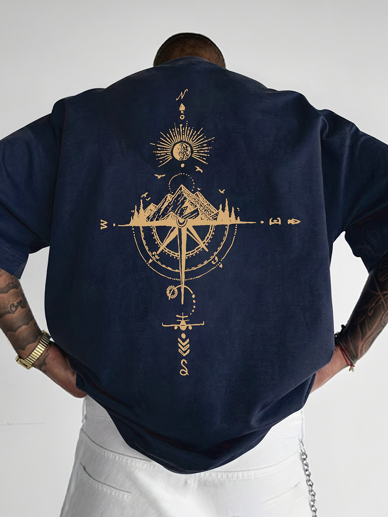 Men's Short Sleeve T-Shirt 100% Polyester Loose Fit Casual Round Neck Navy Blue with Golden Compass Rose Mountain Print - Summer Outdoor Adventure Graphic Tee, Modern Casual Top | Easy Care Clothing