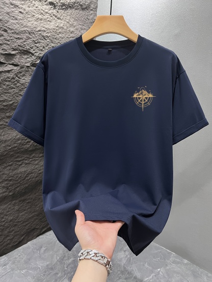 Men's Short Sleeve T-Shirt 100% Polyester Loose Fit Casual Round Neck Navy Blue with Golden Compass Rose Mountain Print - Summer Outdoor Adventure Graphic Tee, Modern Casual Top | Easy Care Clothing