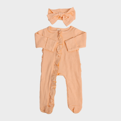 Baby Girl Zipper Footie Pajamas with Bow Headband & Ruffle