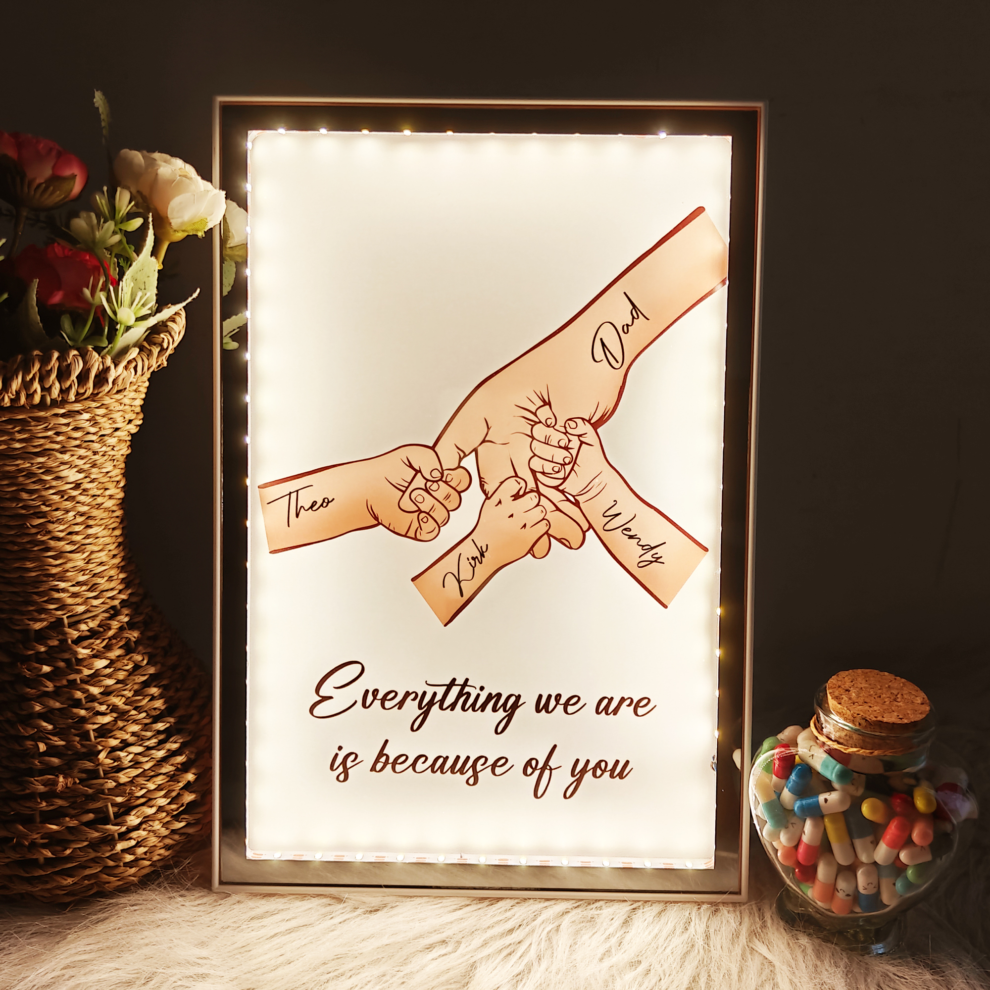 Dad Everything We Are Is Because Of You - Personalized Mirror Light Box