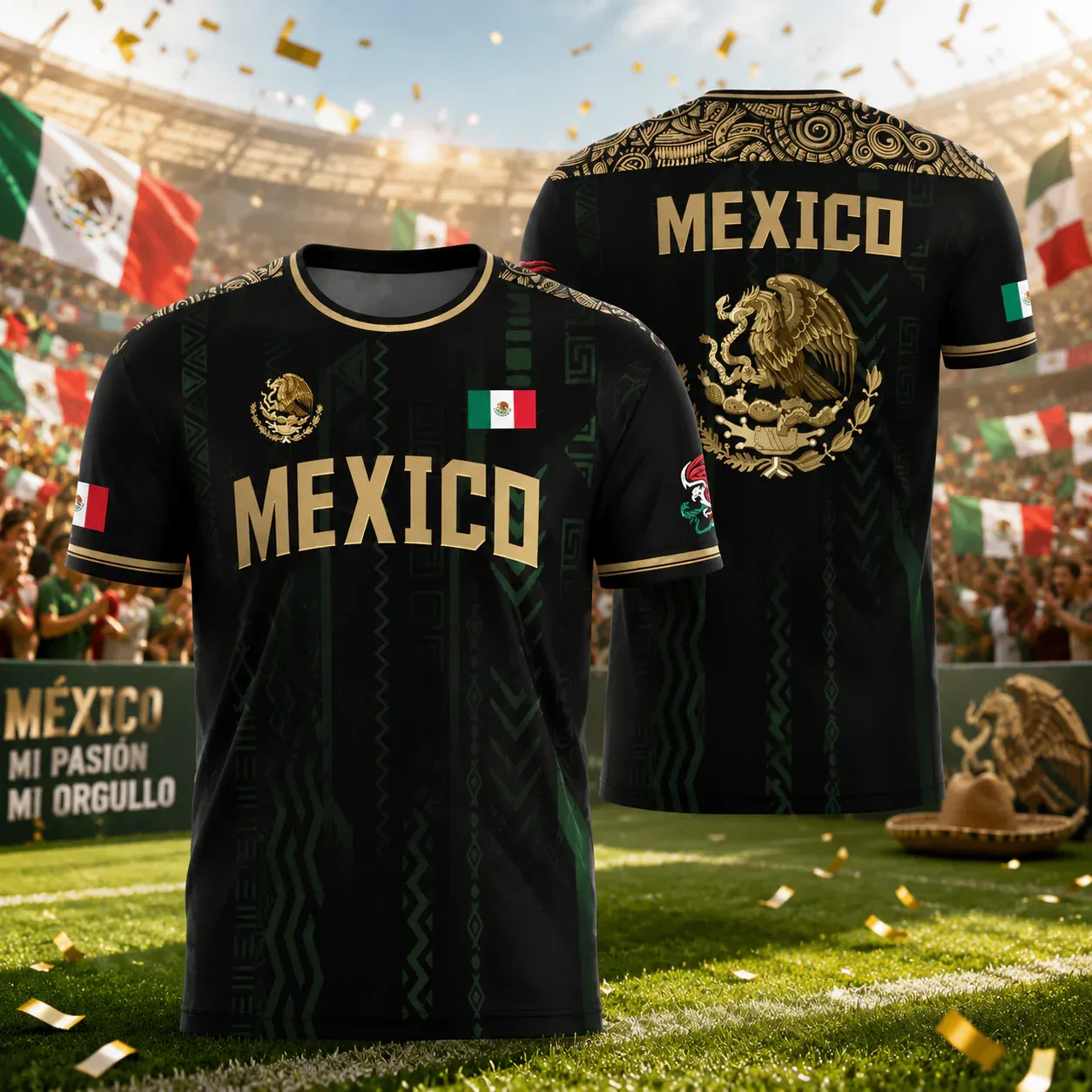 Mexico Soccer Jersey - Black & Gold Aztec Eagle Training Shirt