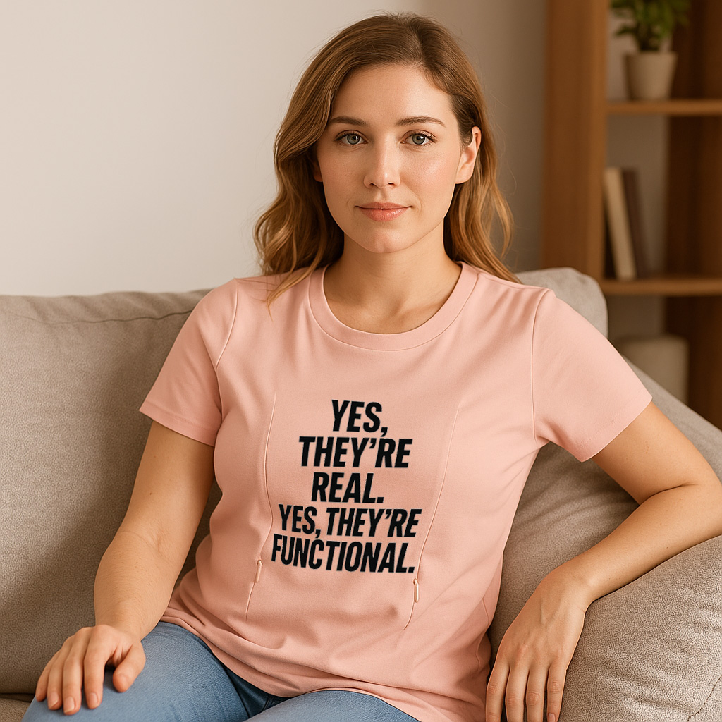 "Yes They're Real" Nursing Tee | Side Zipper Access | S | brand