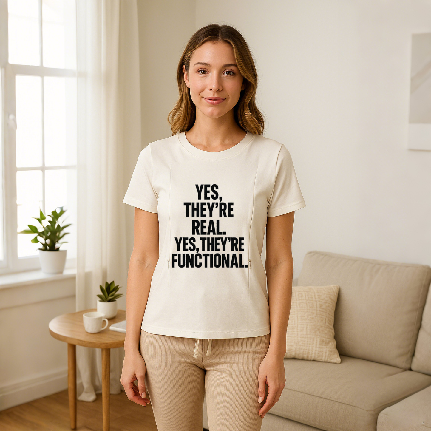 "Yes They're Real" Nursing Tee | Side Zipper Access | S | brand