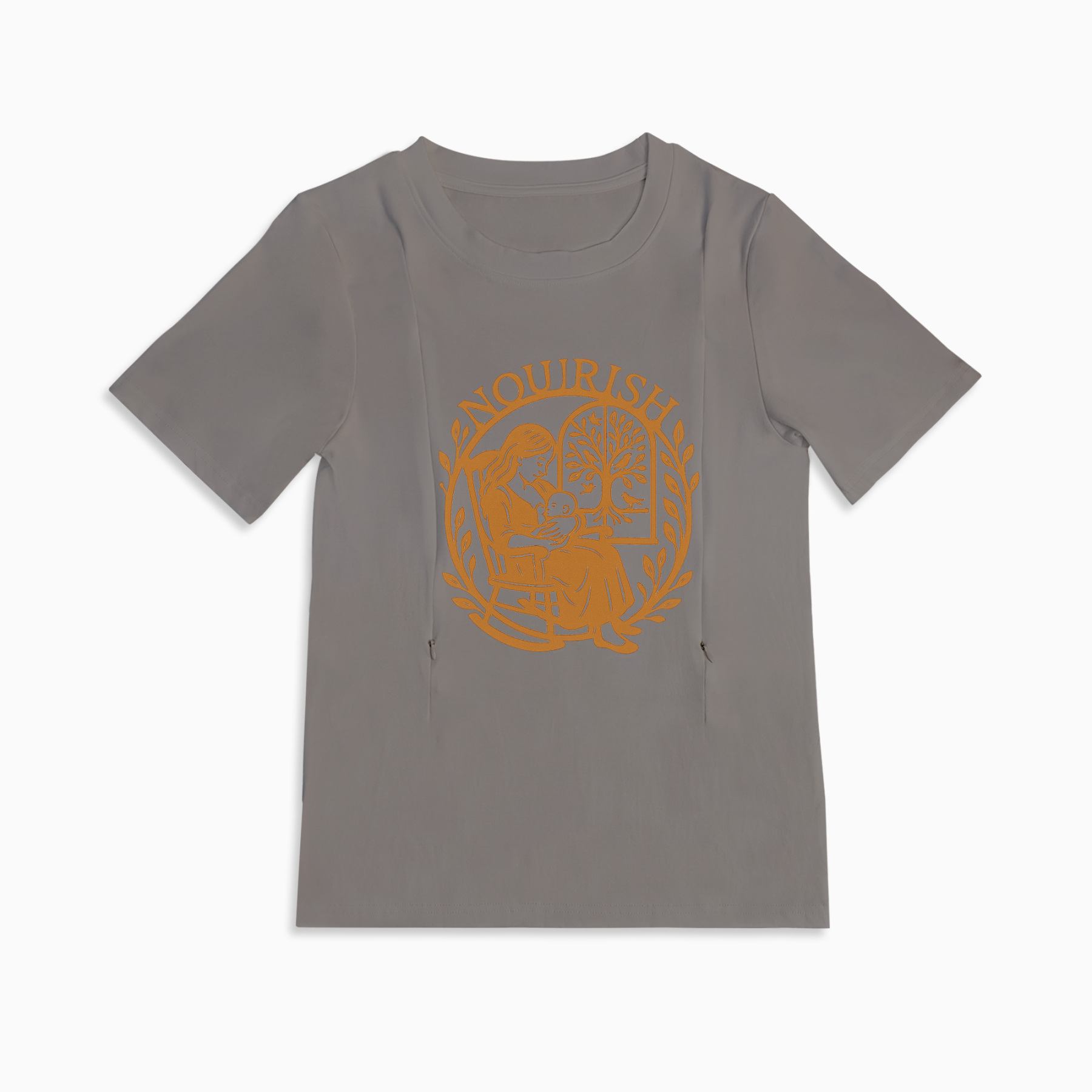 Postpartum T-Shirt for Nursing | Nourish Slogan | Zipper Access