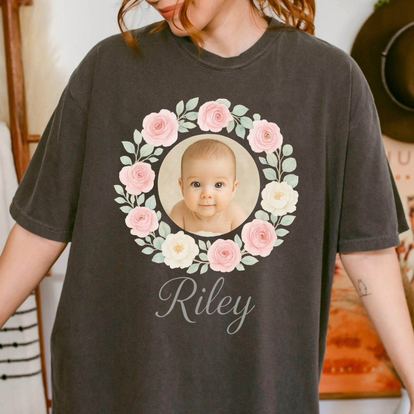 Family Matching Custom Floral Wreath Baby Photo & Name