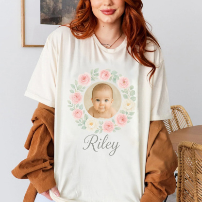 Family Matching Custom Floral Wreath Baby Photo & Name T-Shirt