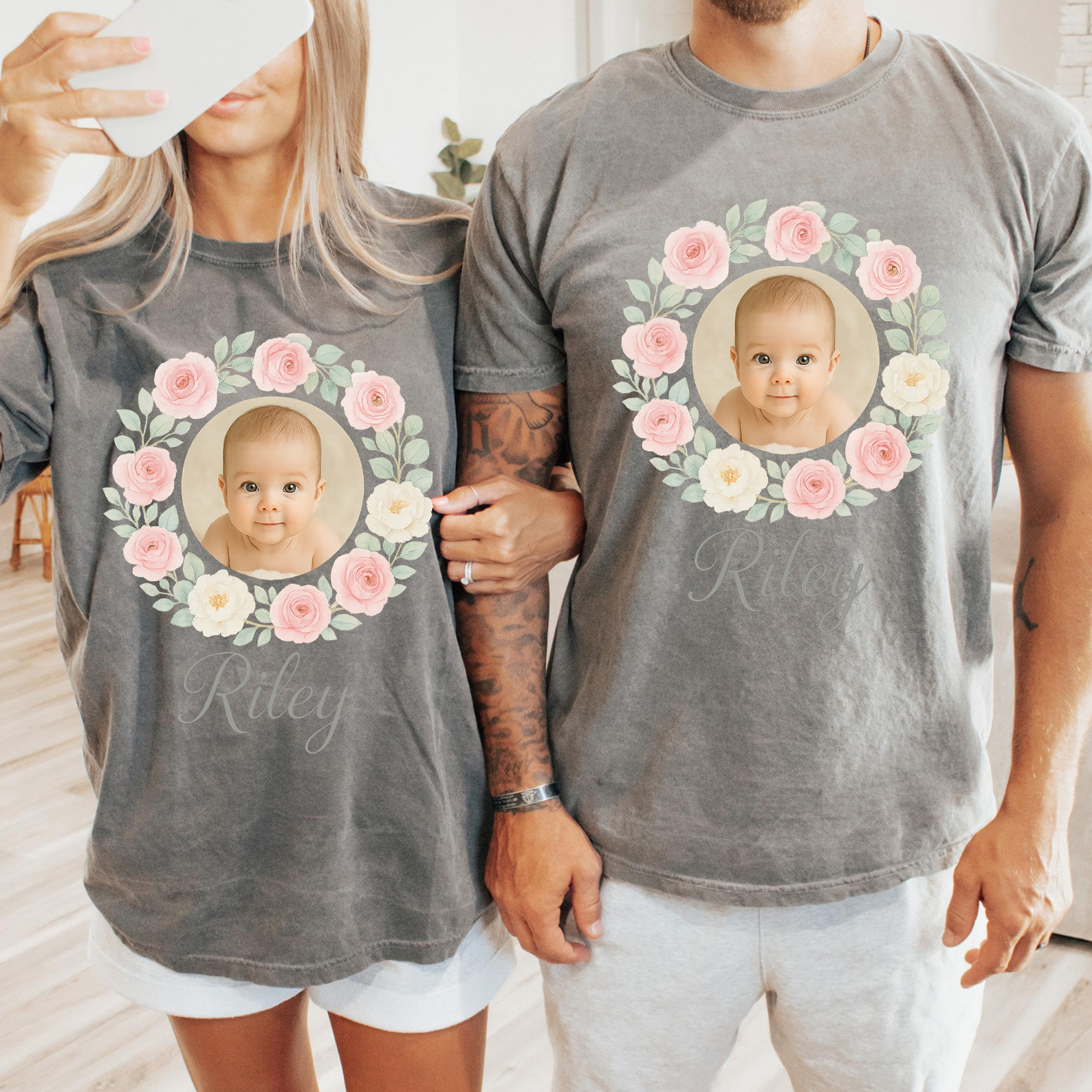 Family Matching Custom Floral Wreath Baby Photo & Name