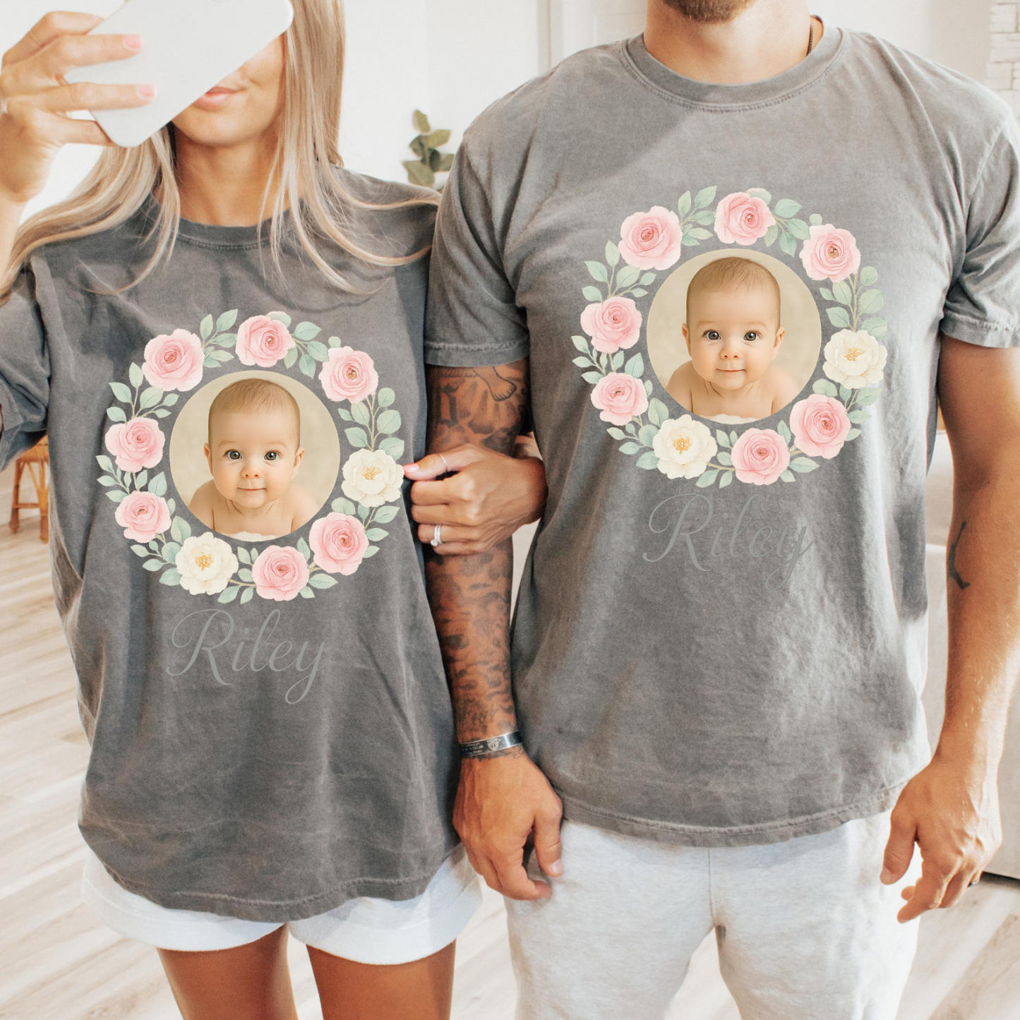 Family Matching Custom Floral Wreath Baby Photo & Name