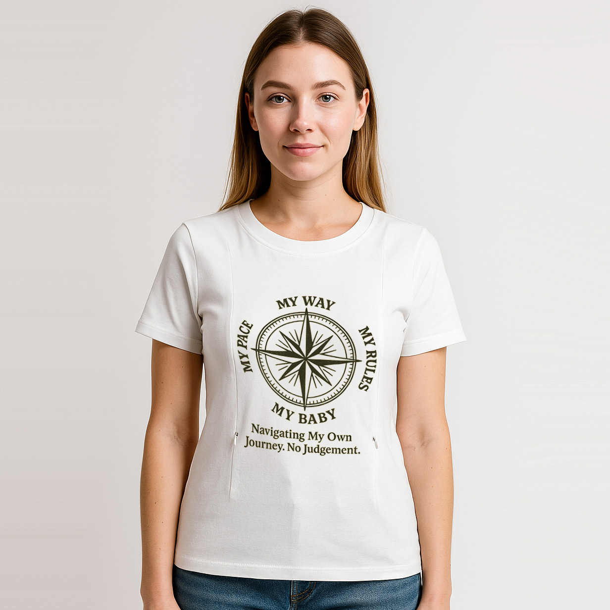 Graphic Nursing Tee for Moms | "No Judgement Zone" Side | brand