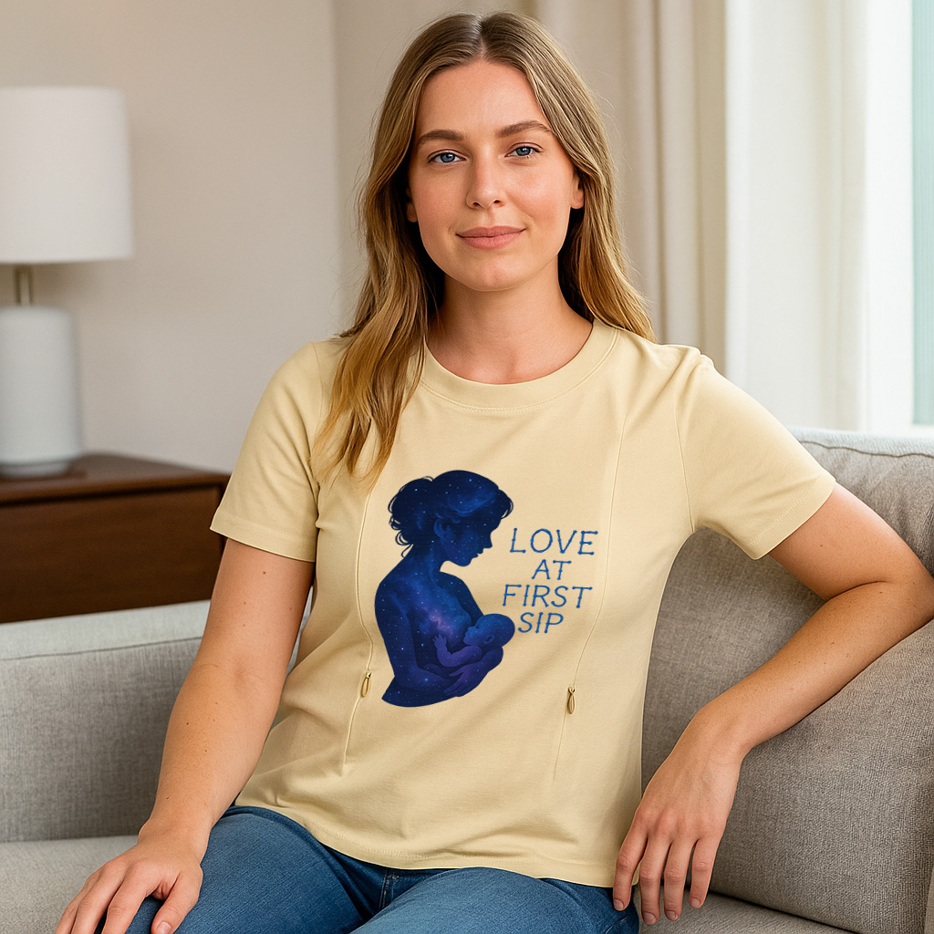 Comfortable Cotton Nursing Tee | "Love at First Sip" Slogan
