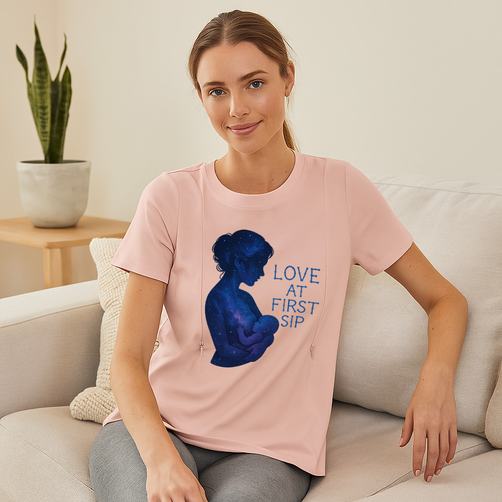 Comfortable Cotton Nursing Tee | "Love at First Sip" Slogan