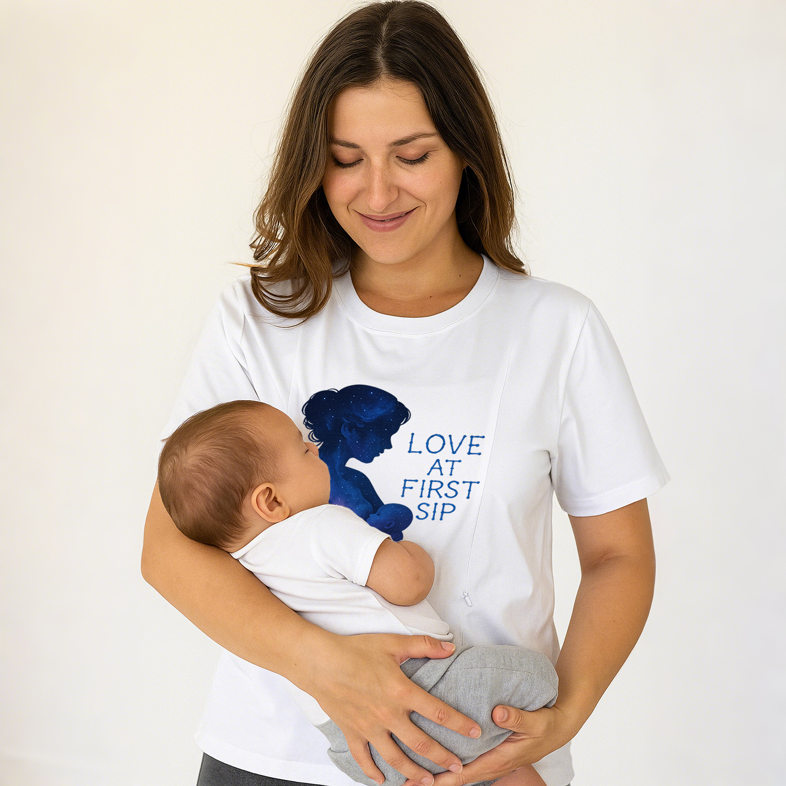 Comfortable Cotton Nursing Tee | "Love at First Sip" Slogan